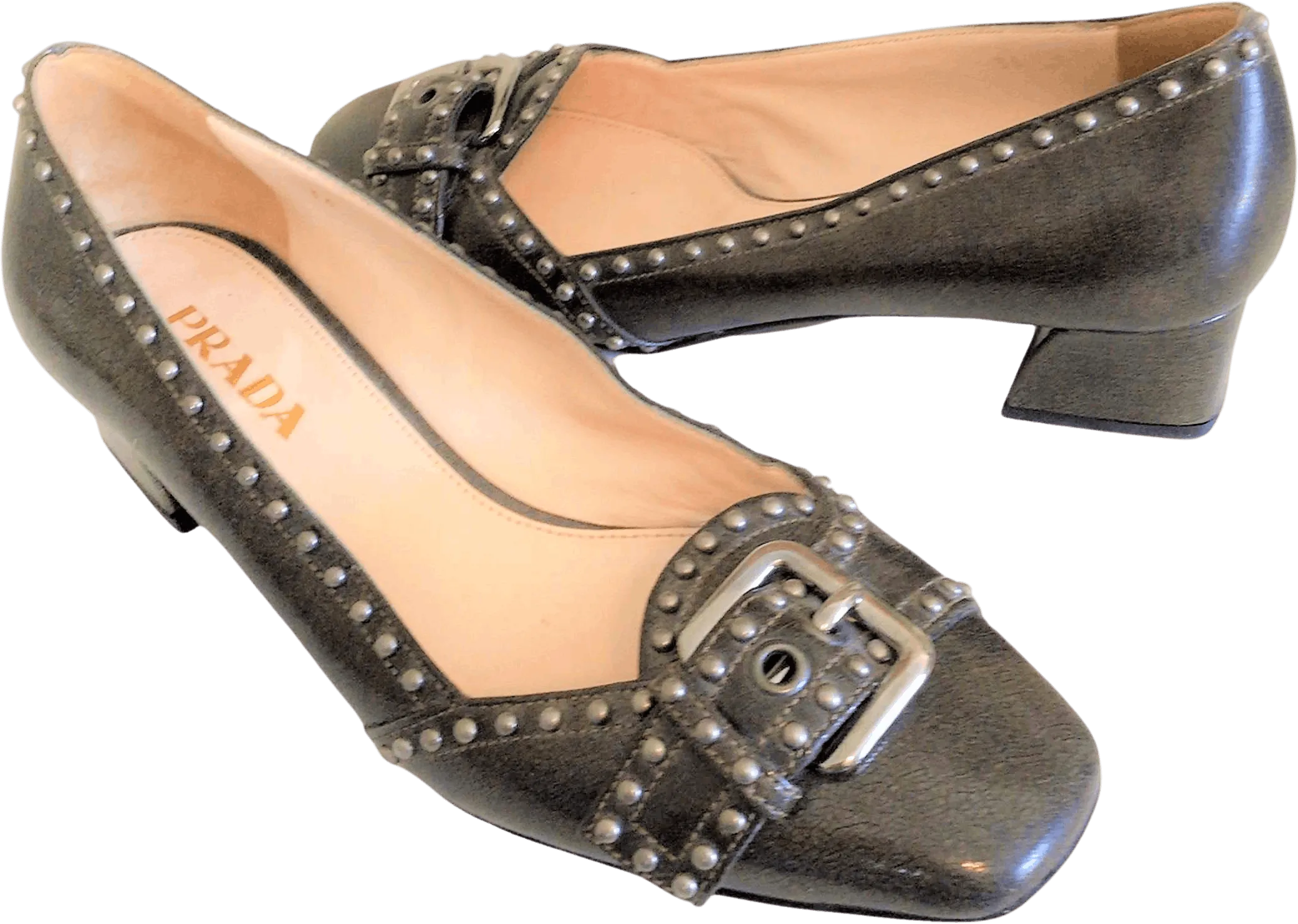 00's Green Stud Heeled Loafers by Prada