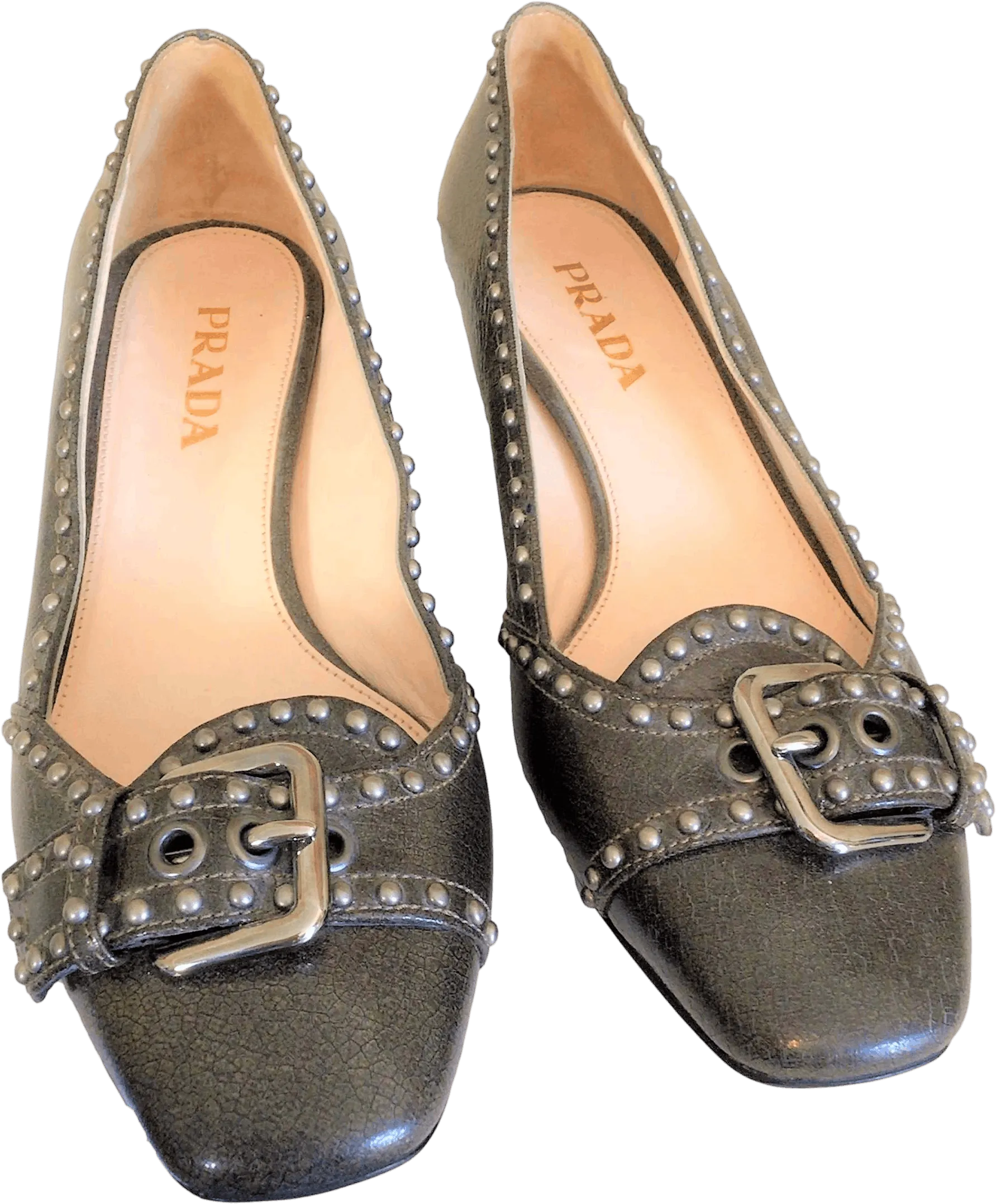 00's Green Stud Heeled Loafers by Prada