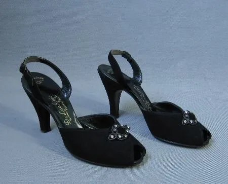 40s 50s Vintage Heels by Palter DeLiso Debs Shoes Peeptoe Slingback Rhinestones 8 VFG