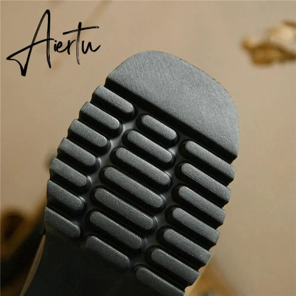 Aiertu Spring Genuine Leather Slip-On Platform Shoes Ins Casual Loafers Square Toe Chunky Heel Women Shoes Zapatos De Mujer Pumps
