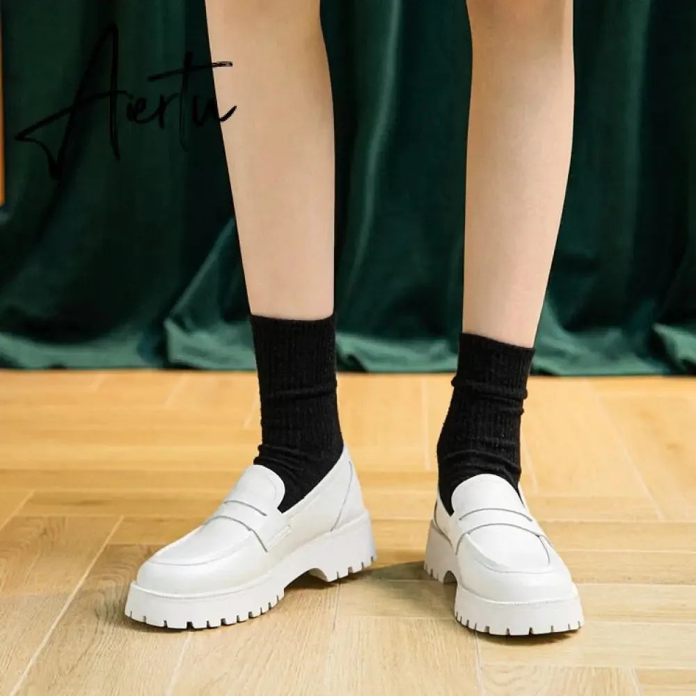 Aiertu  Spring Shoes Female British Style New Thick-soled College Style Casual Loafers Genuine Leather Fashion Shoes Girls