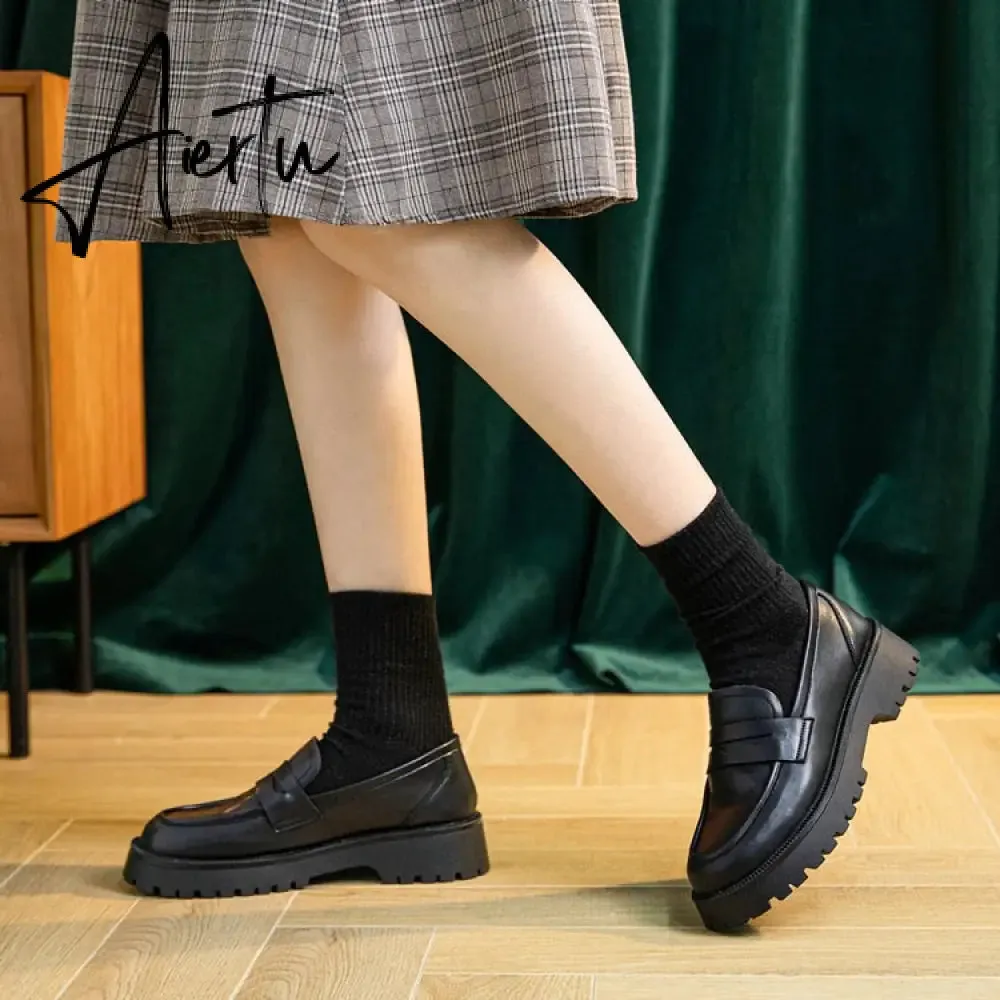 Aiertu  Spring Shoes Female British Style New Thick-soled College Style Casual Loafers Genuine Leather Fashion Shoes Girls