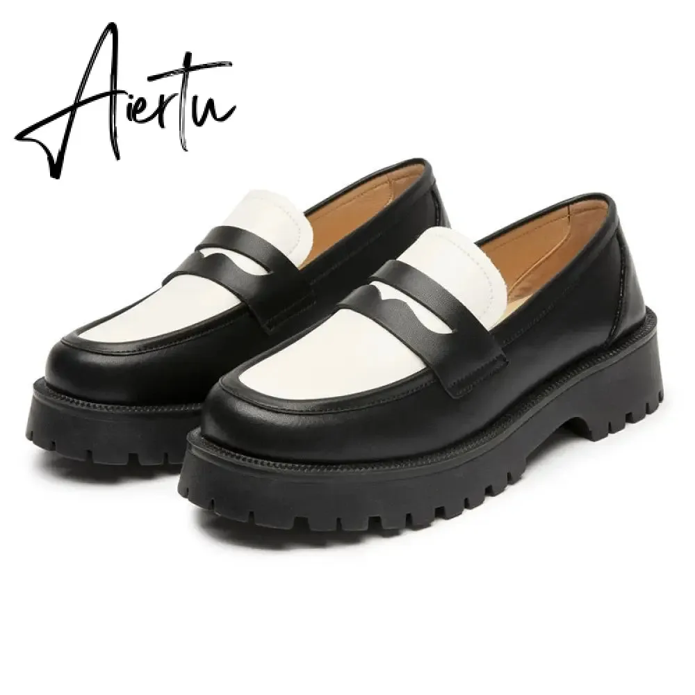 Aiertu  Spring Shoes Female British Style New Thick-soled College Style Casual Loafers Genuine Leather Fashion Shoes Girls
