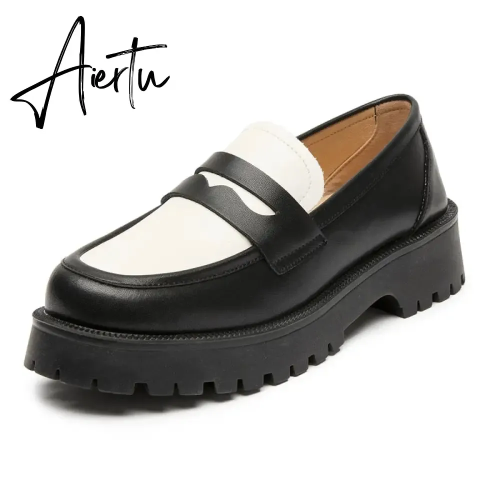 Aiertu  Spring Shoes Female British Style New Thick-soled College Style Casual Loafers Genuine Leather Fashion Shoes Girls