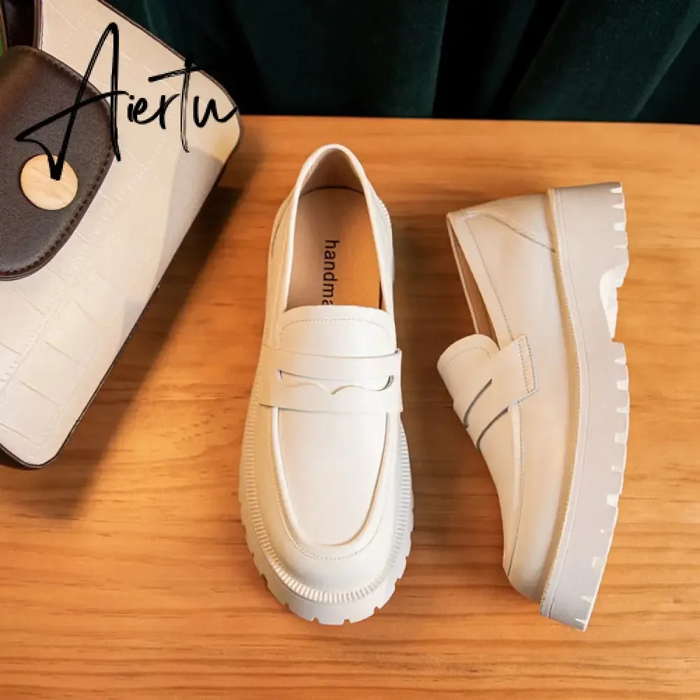Aiertu  Spring Shoes Female British Style New Thick-soled College Style Casual Loafers Genuine Leather Fashion Shoes Girls