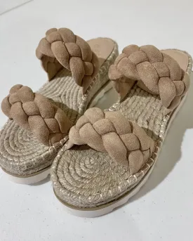 Alina Nude Braided Platform Sandals with Adjustable Ankle Strap