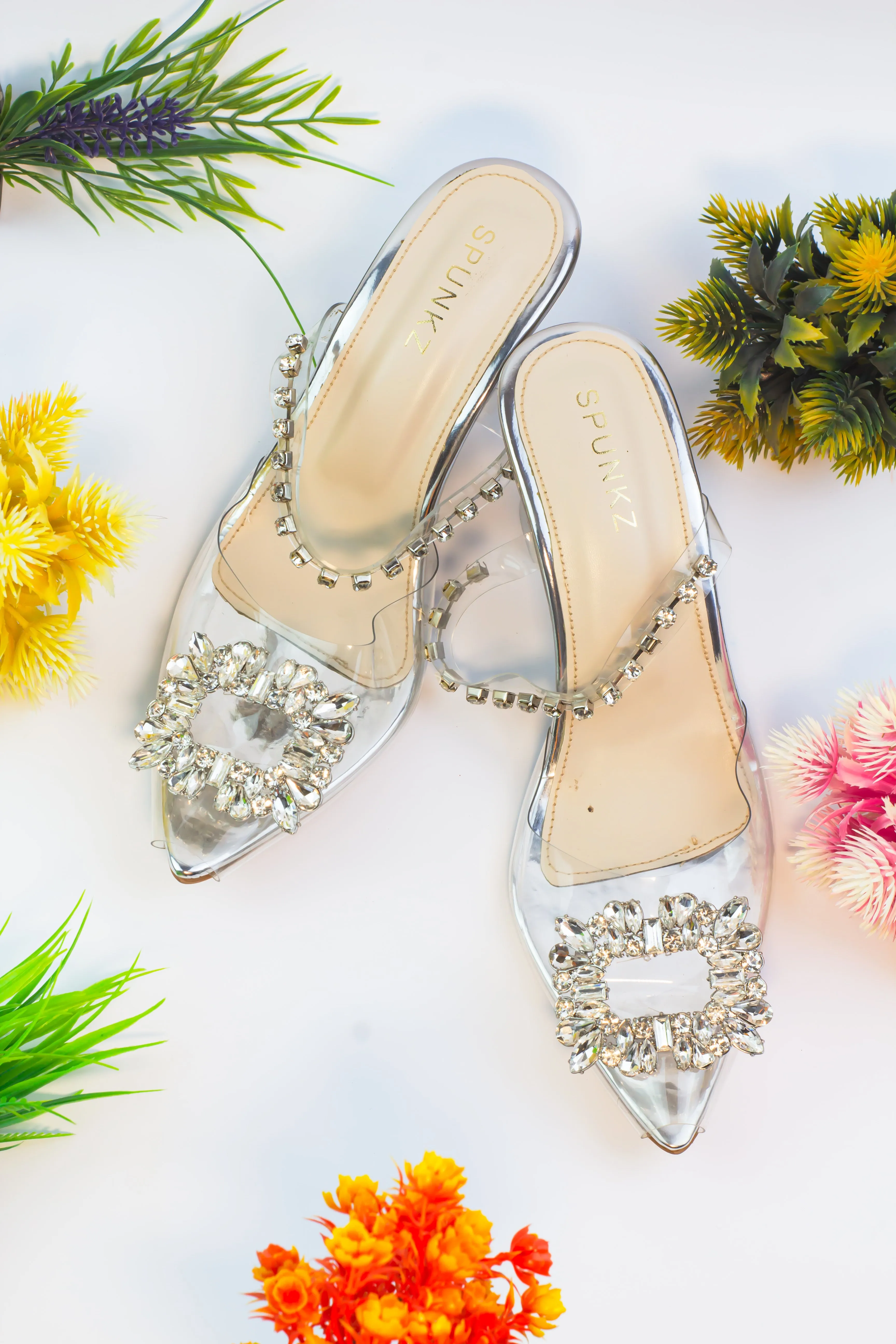 Angelas Elegant Silver Glass Mules for Women
