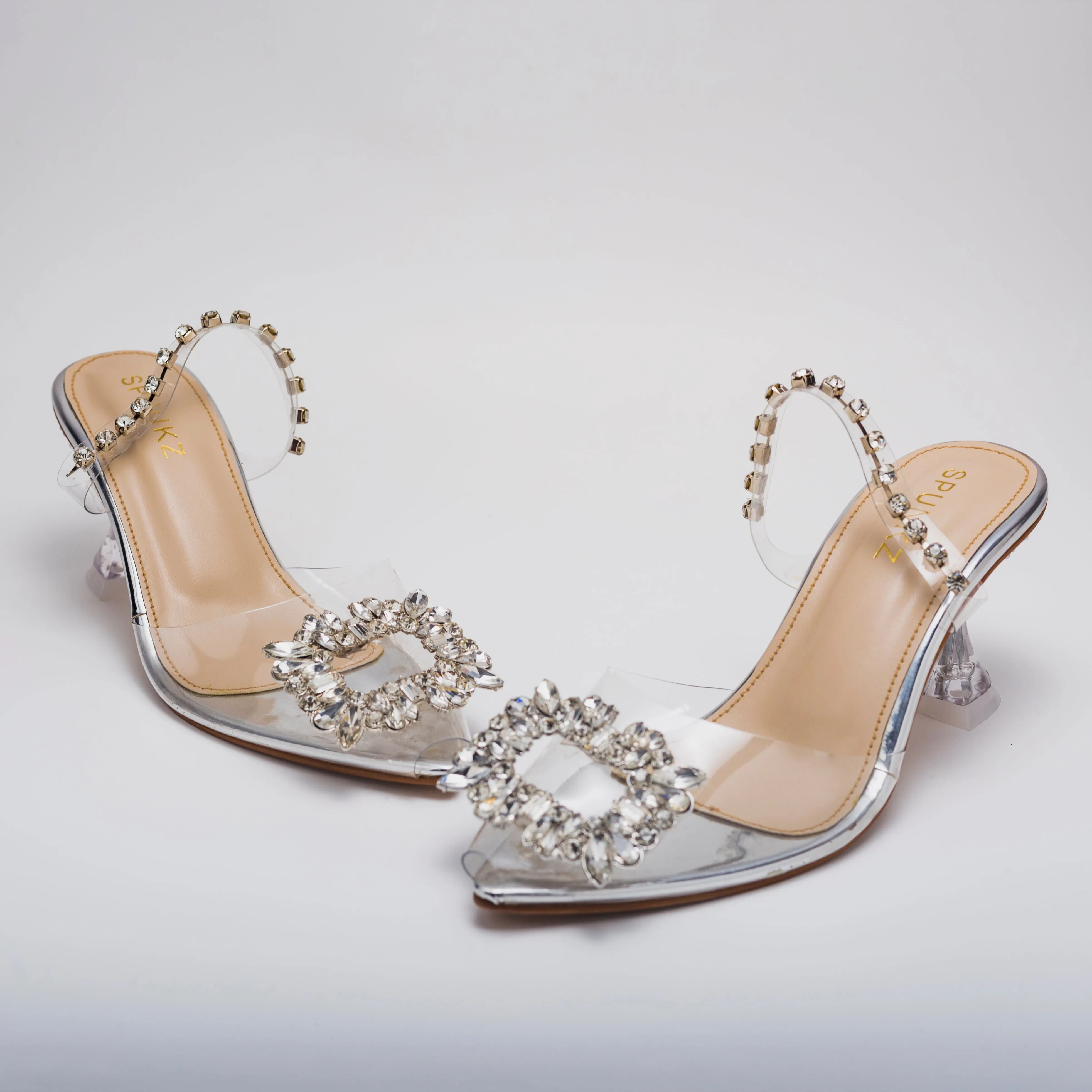 Angelas Elegant Silver Glass Mules for Women