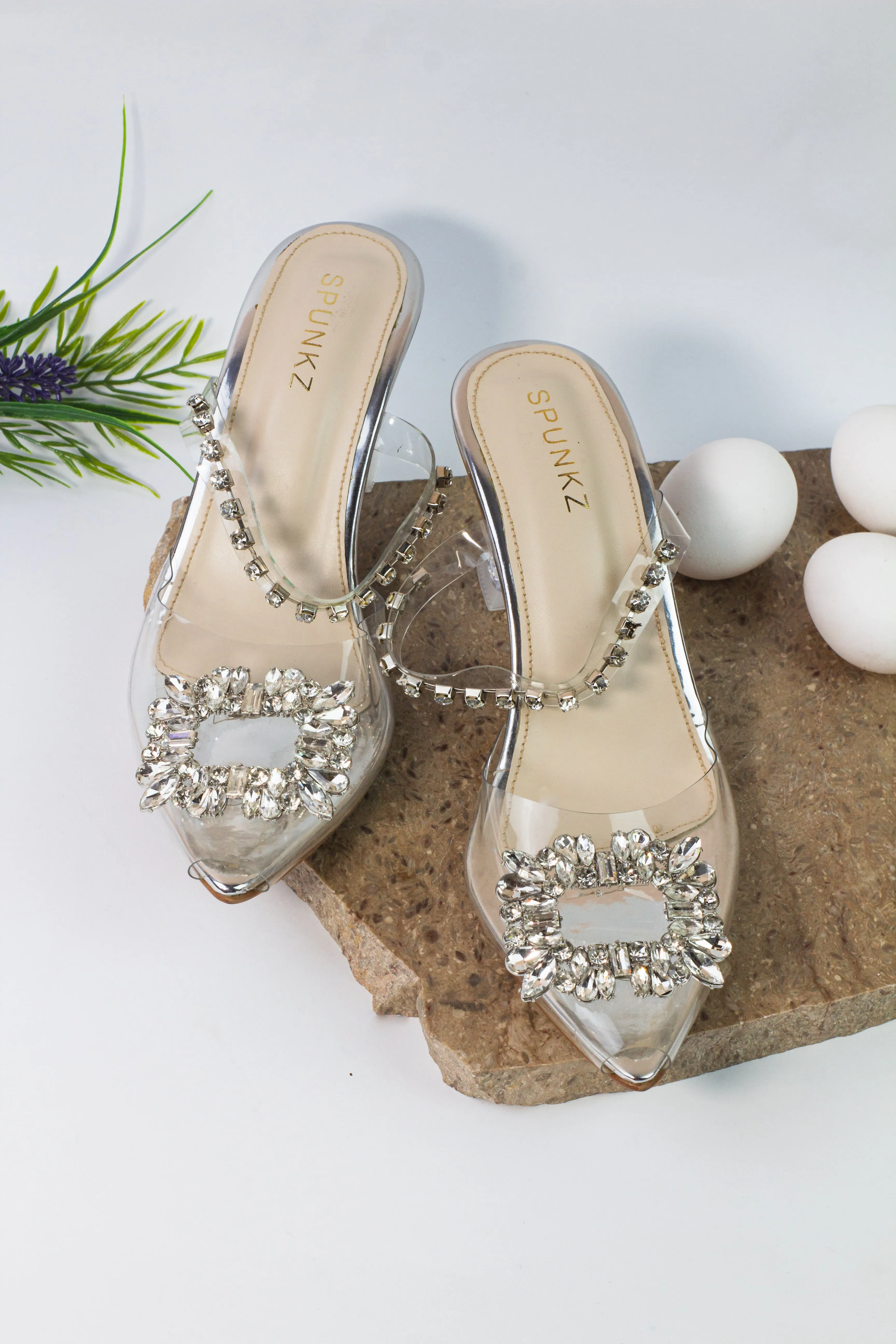 Angelas Elegant Silver Glass Mules for Women