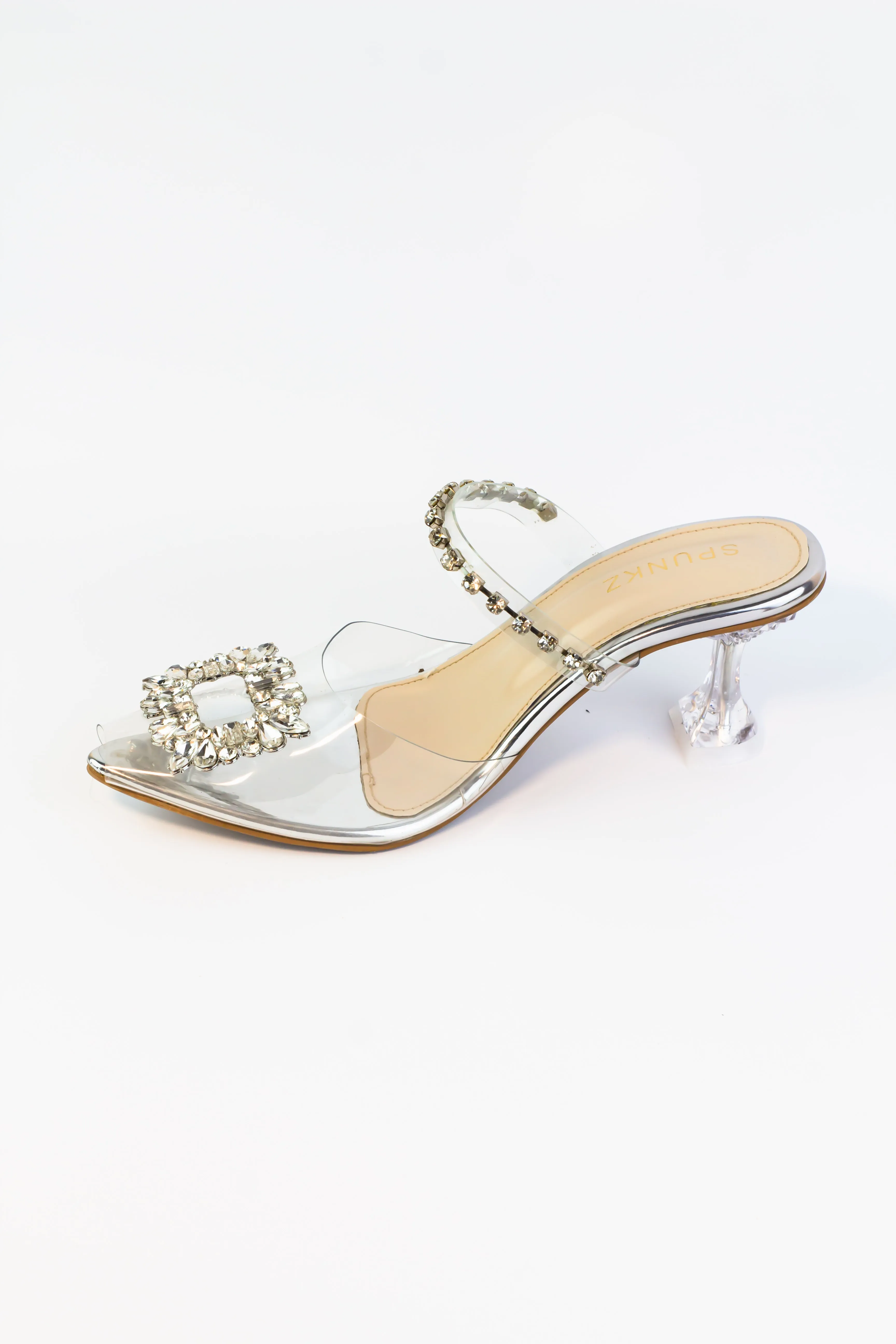 Angelas Elegant Silver Glass Mules for Women