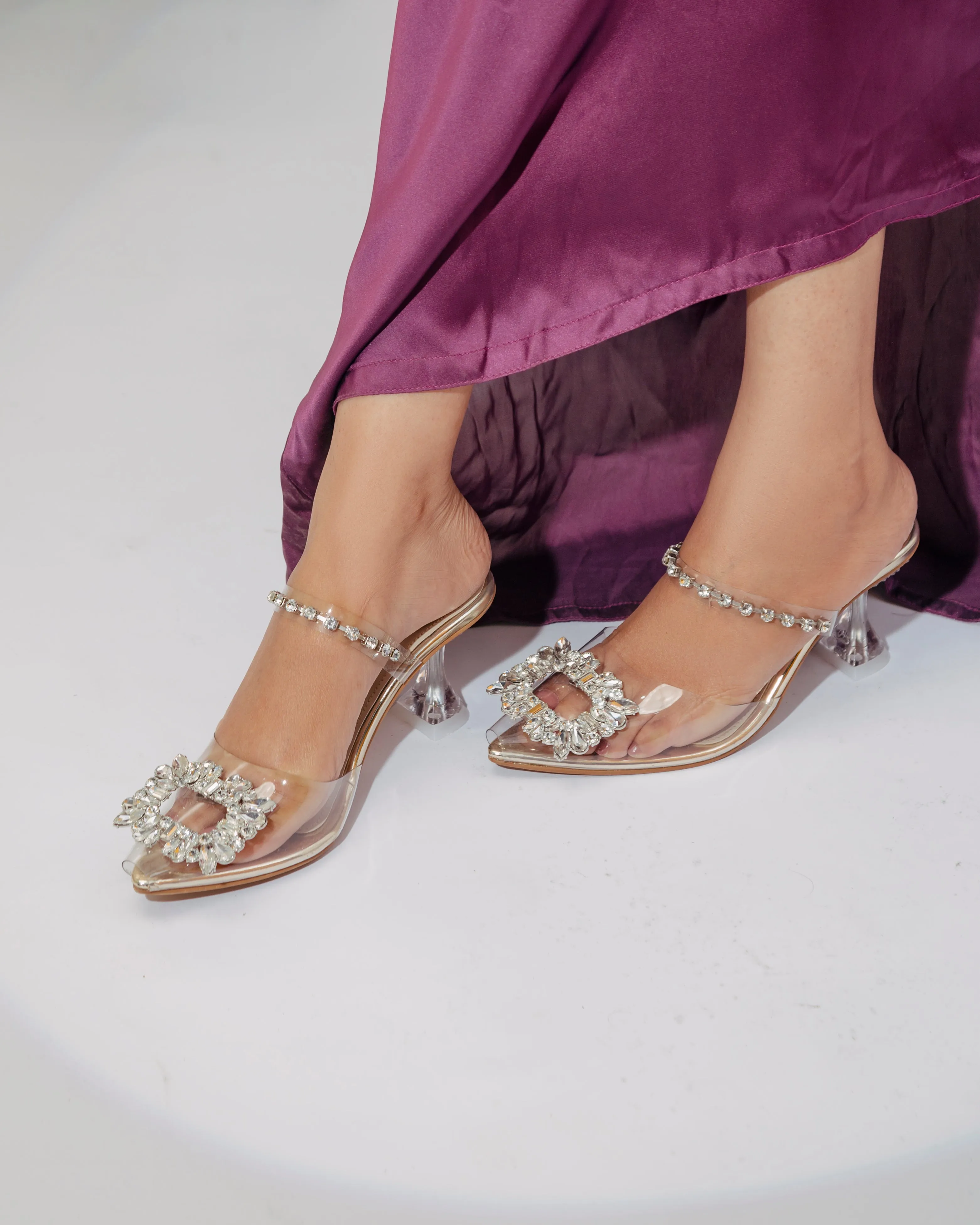 Angelas Elegant Silver Glass Mules for Women