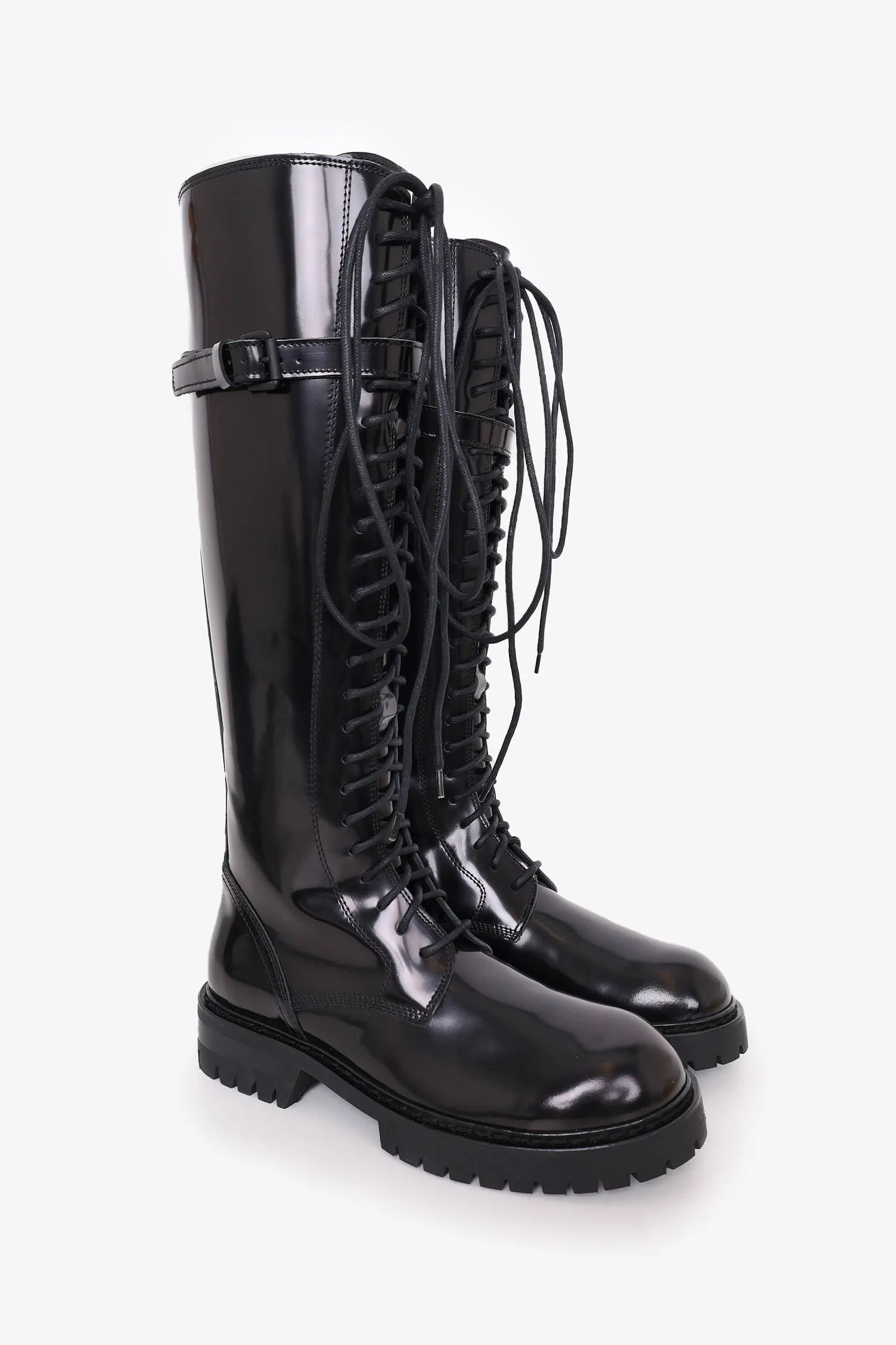 Ann Demeulemeester Black Patent Lace Up Knee-High Boots Size 39.5