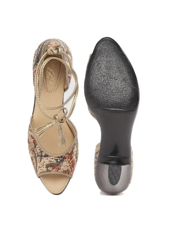 Beige Block Printed Peep-Toe Handcrafted Block Heel Sandals