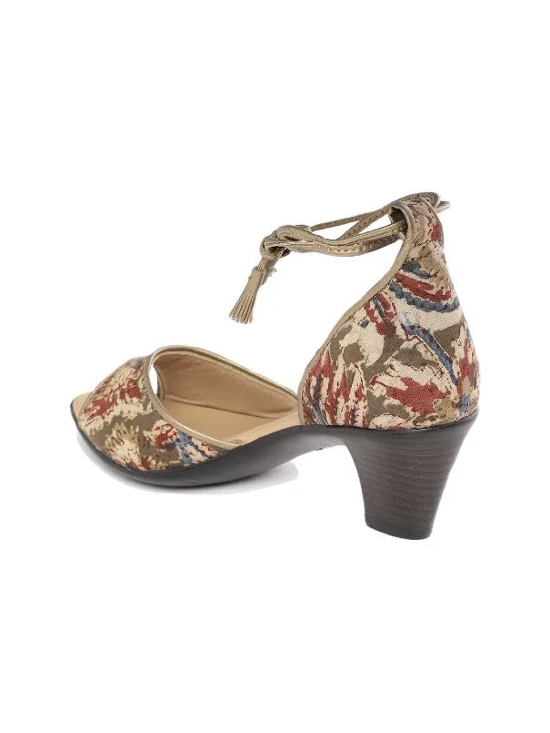 Beige Block Printed Peep-Toe Handcrafted Block Heel Sandals