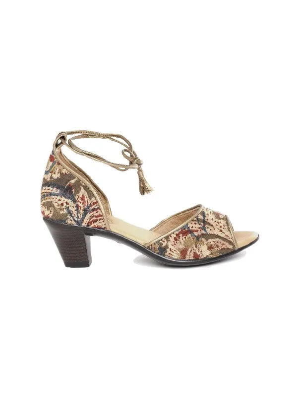 Beige Block Printed Peep-Toe Handcrafted Block Heel Sandals