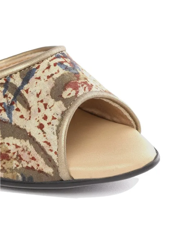 Beige Block Printed Peep-Toe Handcrafted Block Heel Sandals