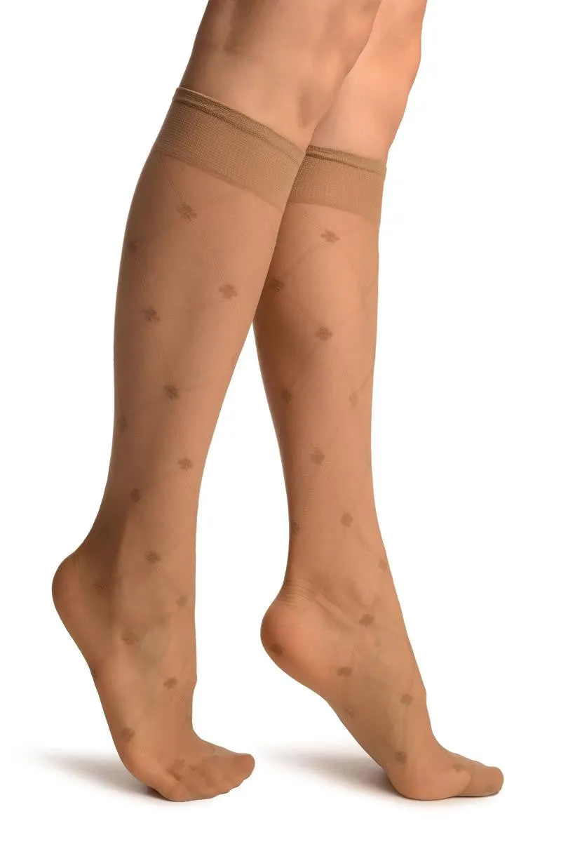 Beige With Woven Mesh & Clover Socks Knee High
