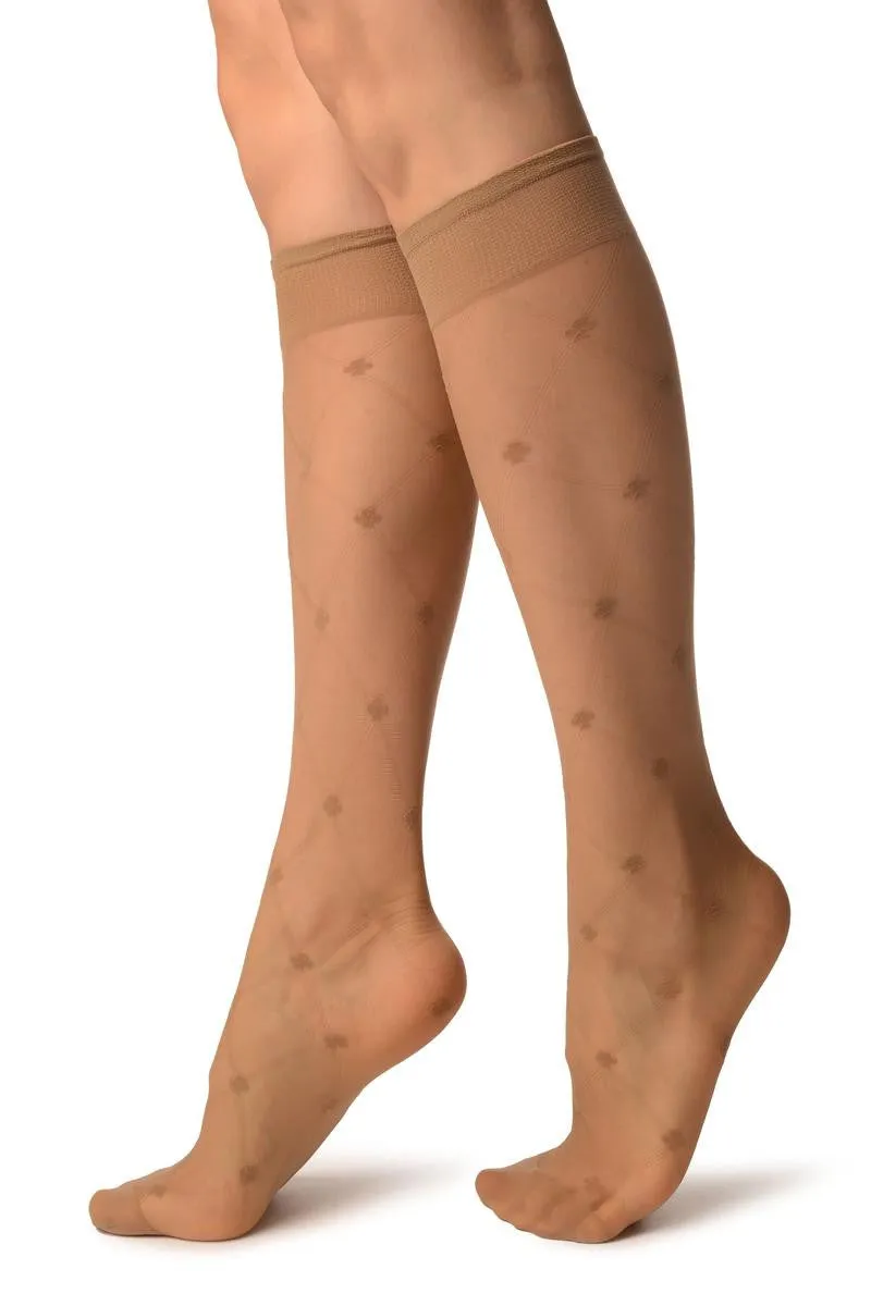 Beige With Woven Mesh & Clover Socks Knee High