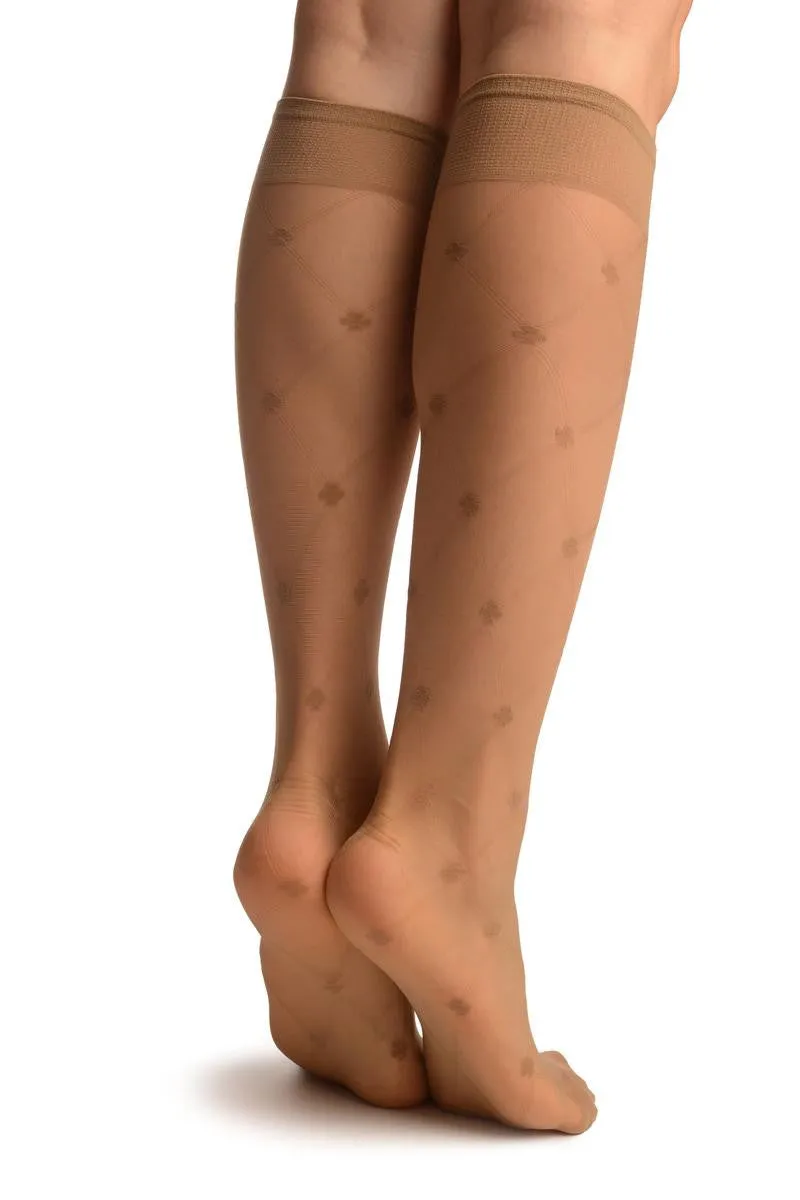 Beige With Woven Mesh & Clover Socks Knee High