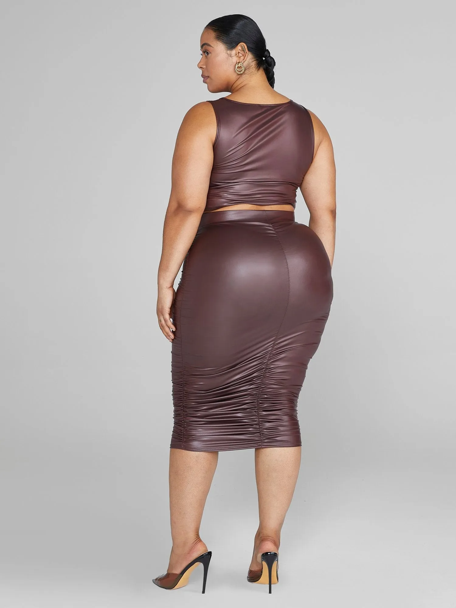 Chantel Leather Look Ruched Midi Skirt