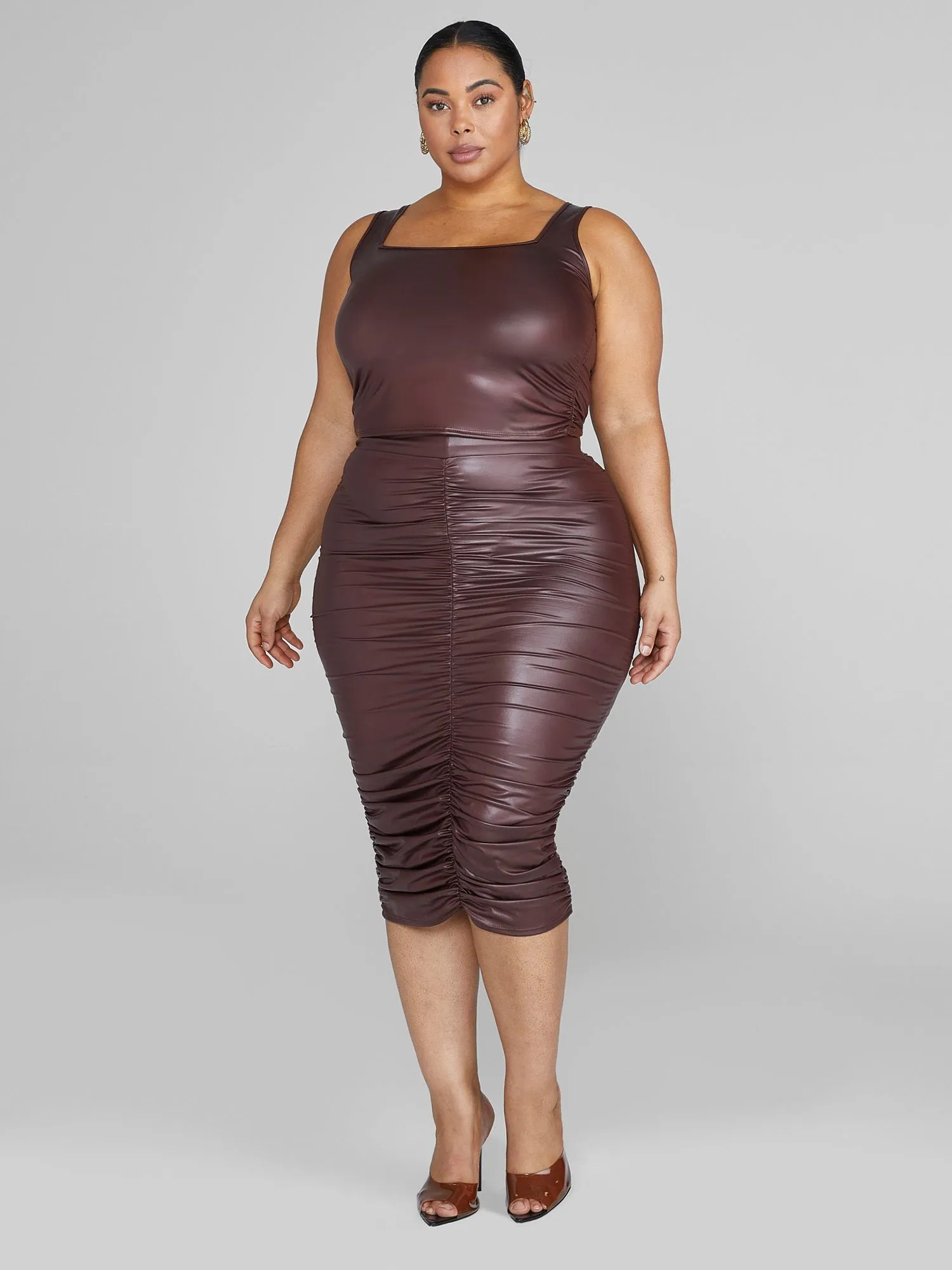 Chantel Leather Look Ruched Midi Skirt