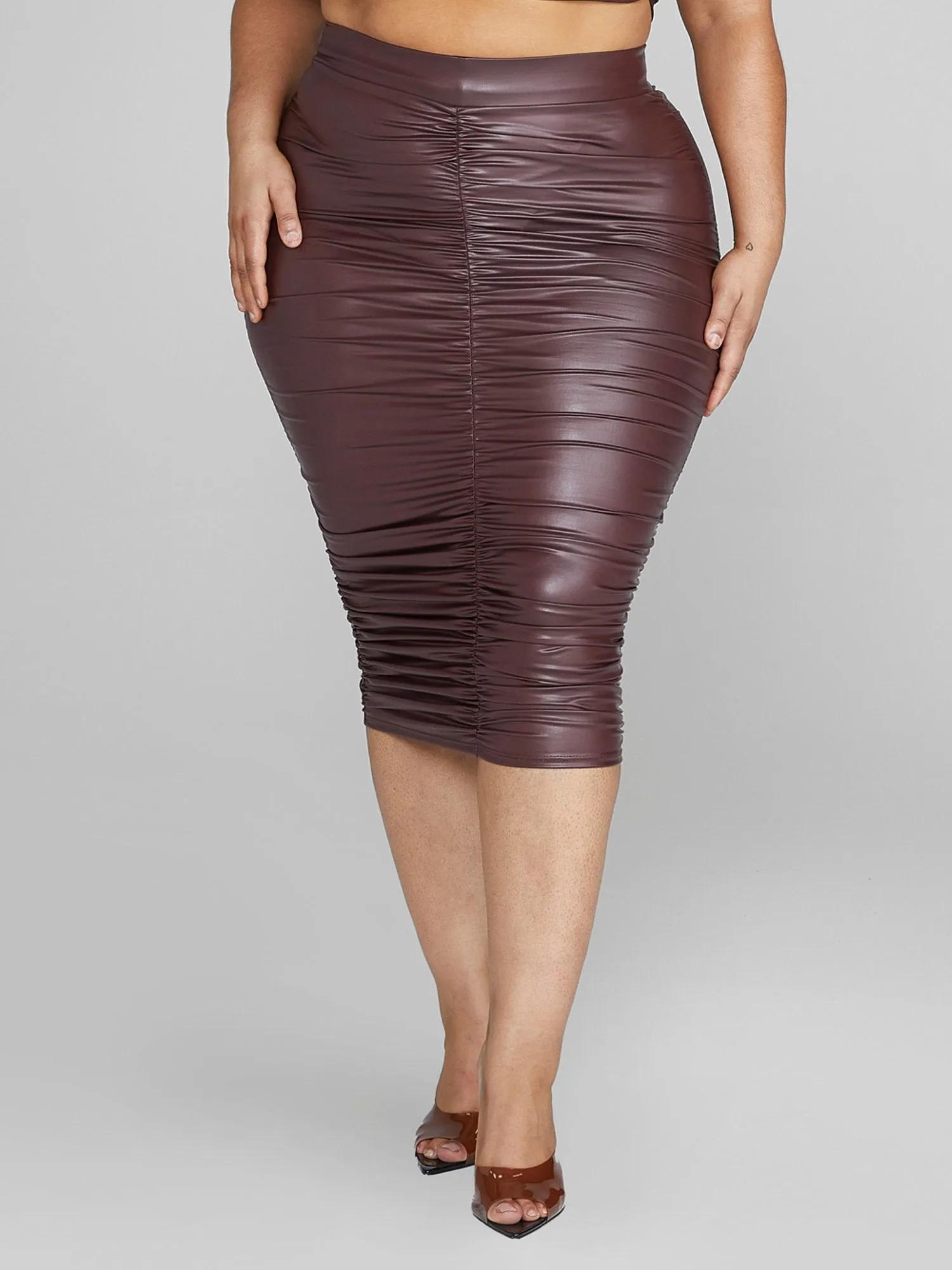 Chantel Leather Look Ruched Midi Skirt