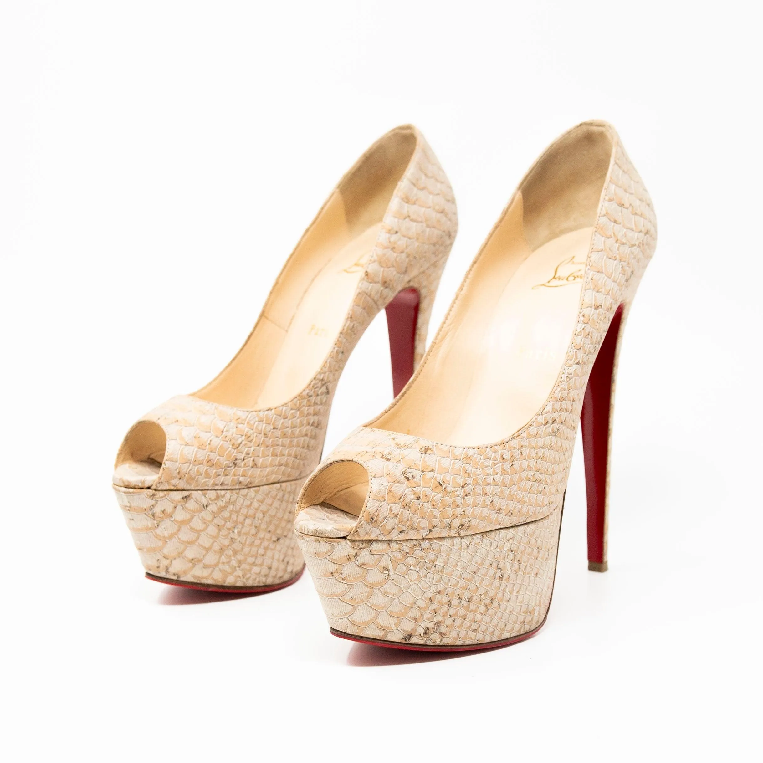 Christian Louboutin Beige Snake Lady Peep Pumps 40.5