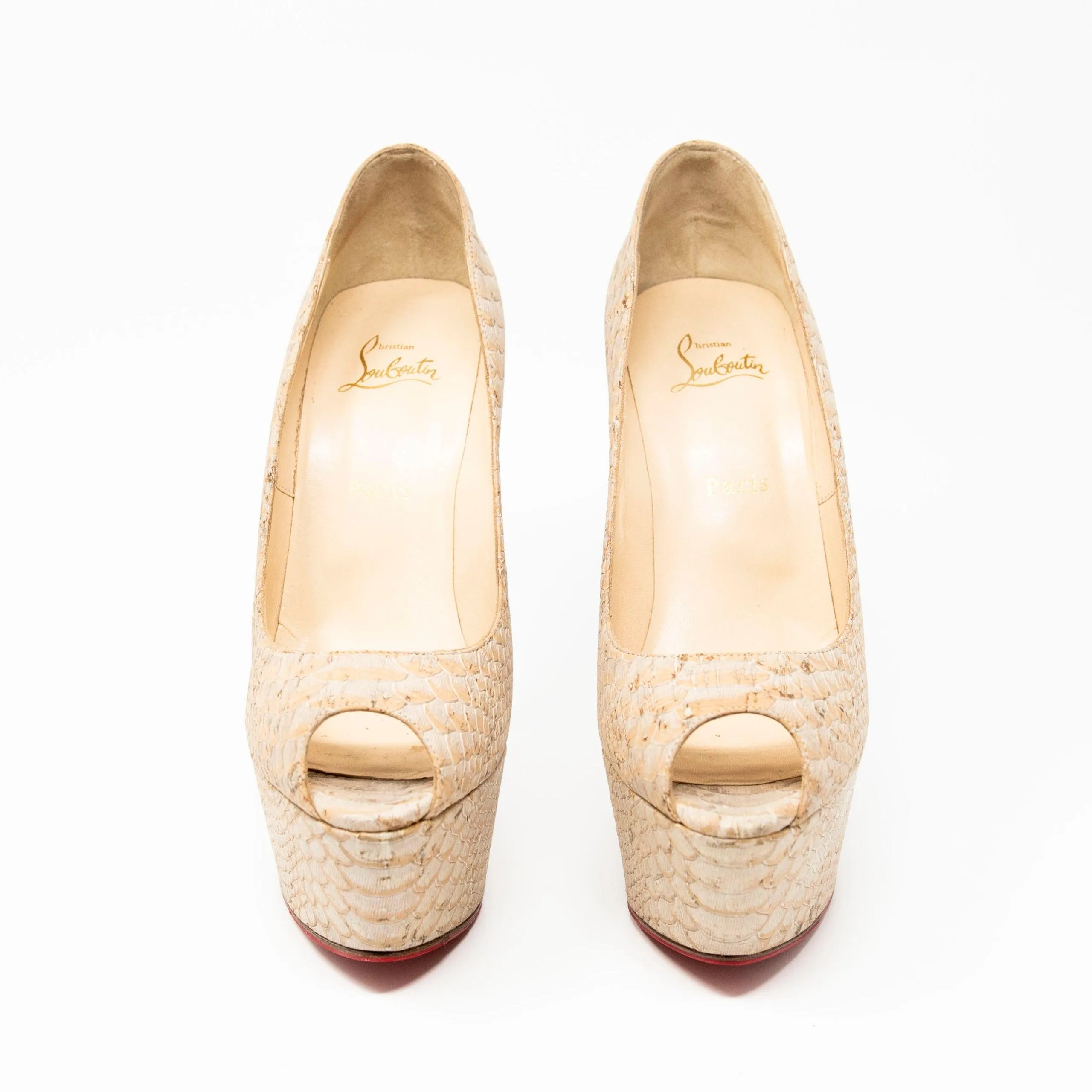 Christian Louboutin Beige Snake Lady Peep Pumps 40.5