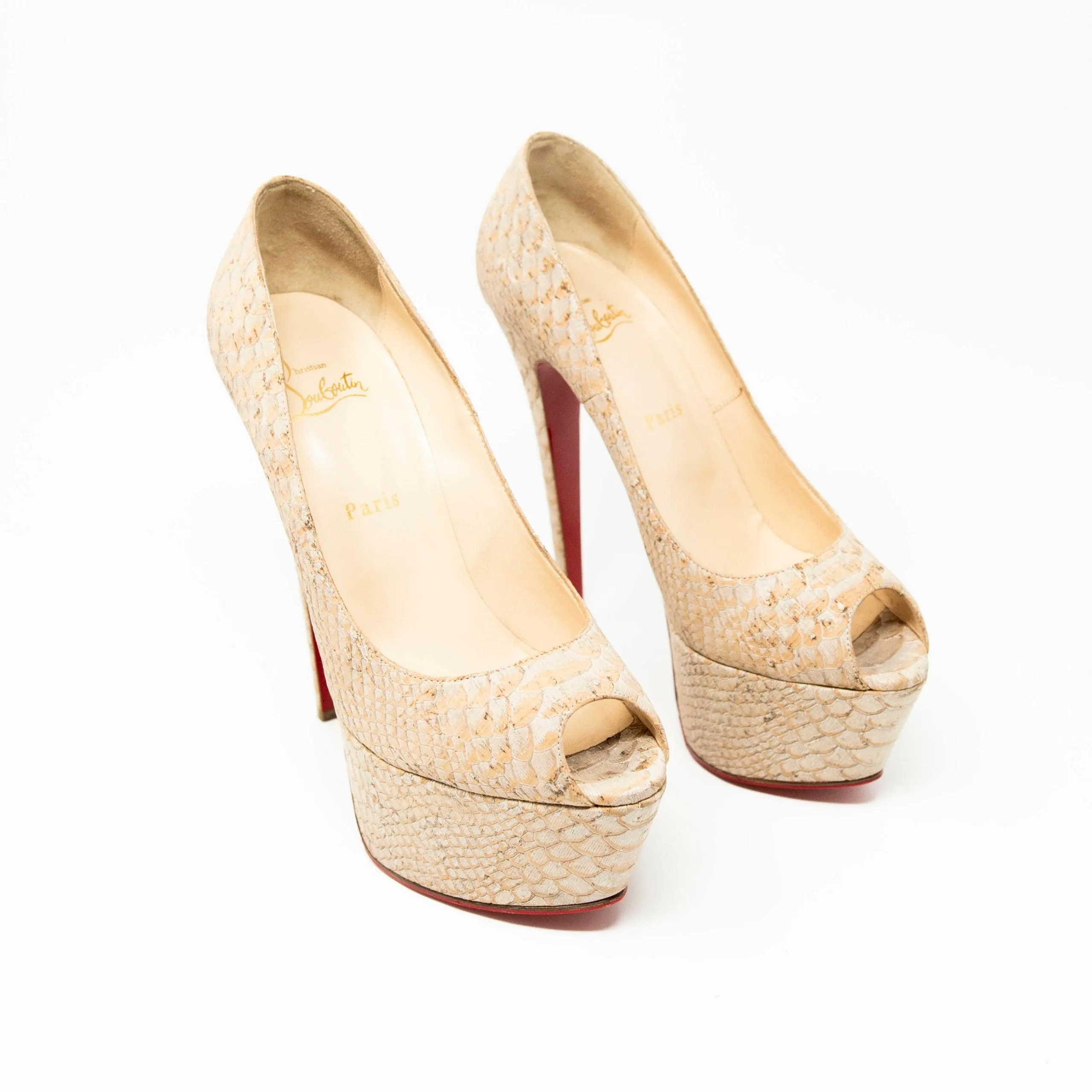 Christian Louboutin Beige Snake Lady Peep Pumps 40.5