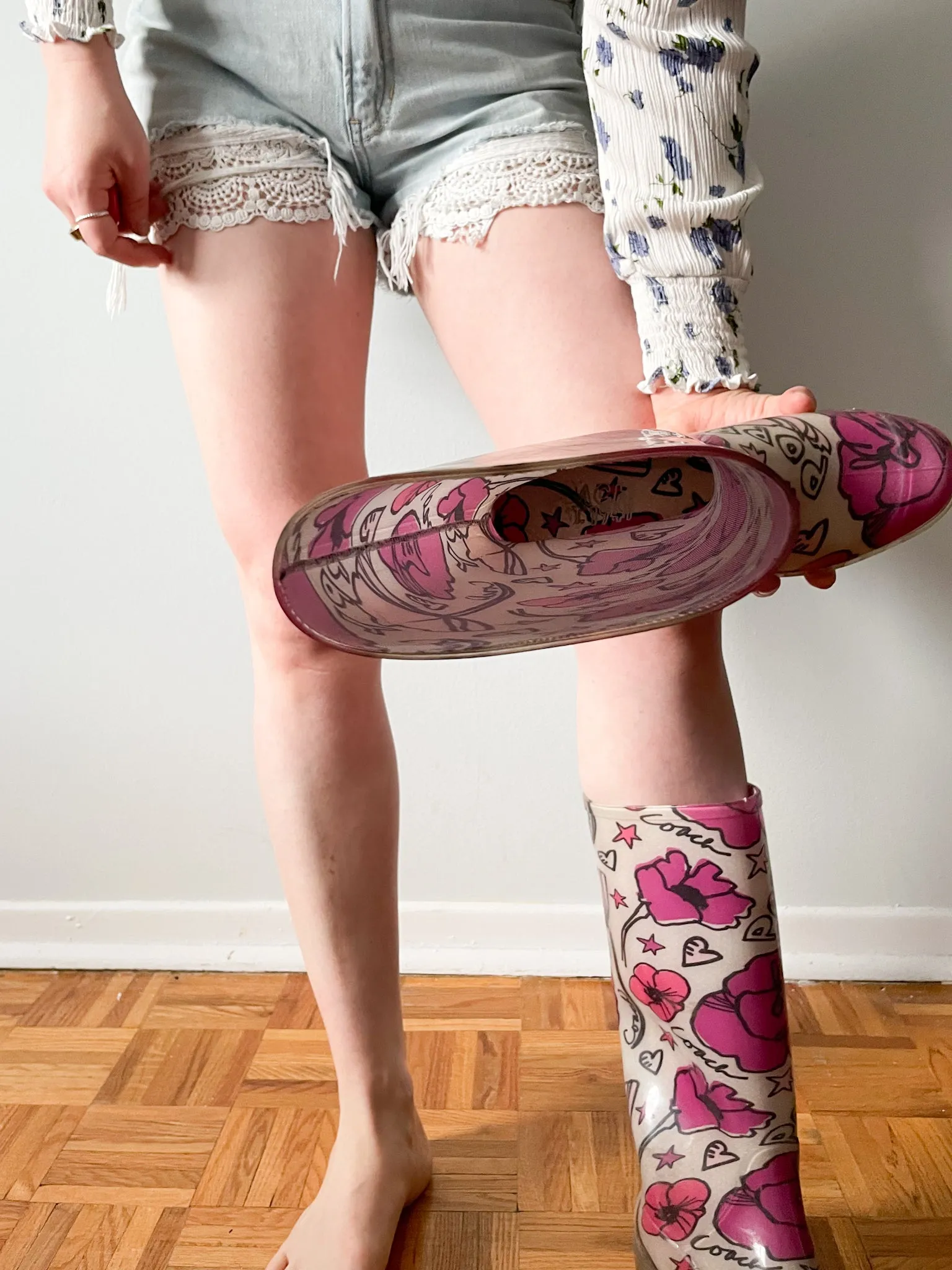 COACH Poppy Pink Floral Graphic Clear Rainboots - Size 7