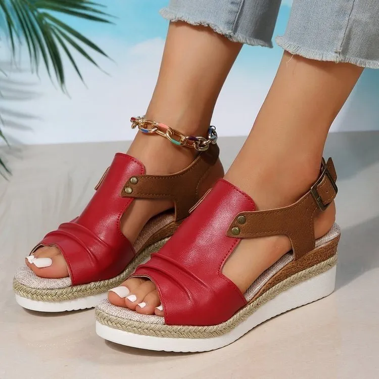 DEANWANGKT  Foreign Trade plus Size Straw High Heel Sandals Women's  New Thick-Soled Peep Toe Roman Shoes Buckle High Heel Women's Sandals