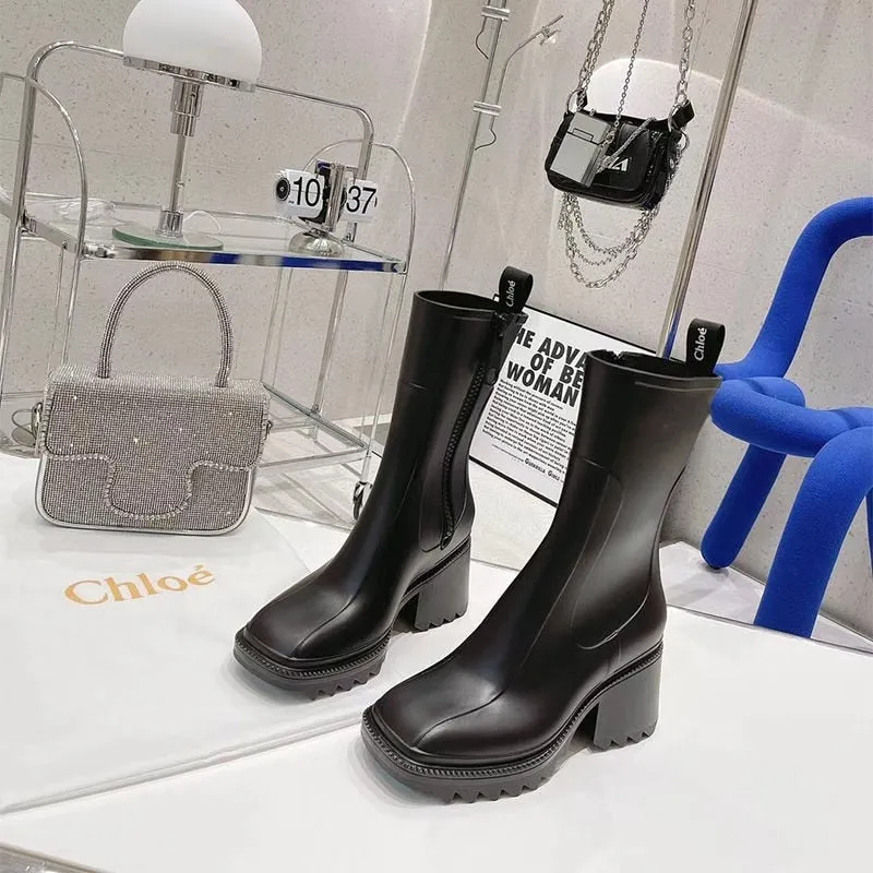 DEANWANGKT  New Square Toe Rain Boots For Women Chunky Heel Thick Sole Ankle Boots Designer Chelsea Boots Ladies Rubber Boot Rain Shoes