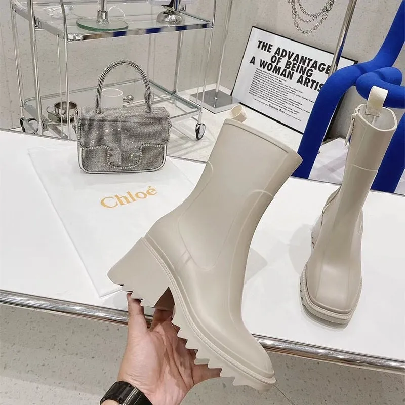 DEANWANGKT  New Square Toe Rain Boots For Women Chunky Heel Thick Sole Ankle Boots Designer Chelsea Boots Ladies Rubber Boot Rain Shoes