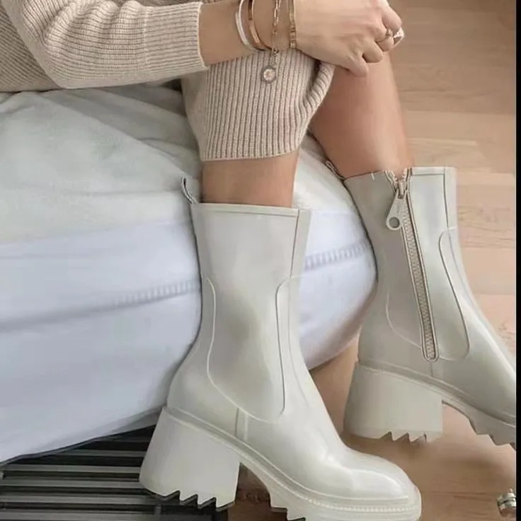 DEANWANGKT  New Square Toe Rain Boots For Women Chunky Heel Thick Sole Ankle Boots Designer Chelsea Boots Ladies Rubber Boot Rain Shoes
