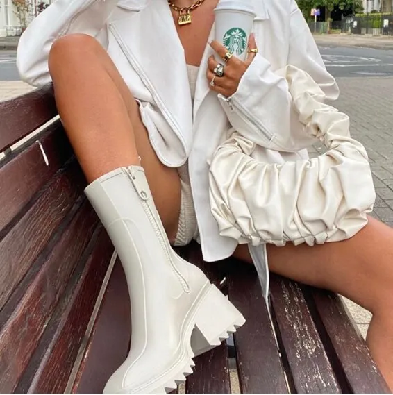 DEANWANGKT  New Square Toe Rain Boots For Women Chunky Heel Thick Sole Ankle Boots Designer Chelsea Boots Ladies Rubber Boot Rain Shoes