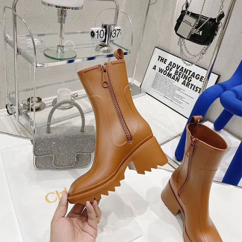 DEANWANGKT  New Square Toe Rain Boots For Women Chunky Heel Thick Sole Ankle Boots Designer Chelsea Boots Ladies Rubber Boot Rain Shoes