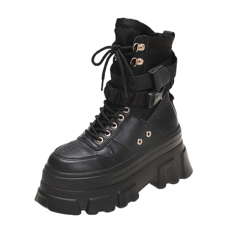 DEANWANGKT Punk Style Women Ankle Boots Thick Sole Short Booties Buckle Straps Platform Shoes Woman Ladies Knight Boot Autumn Botas Mujer