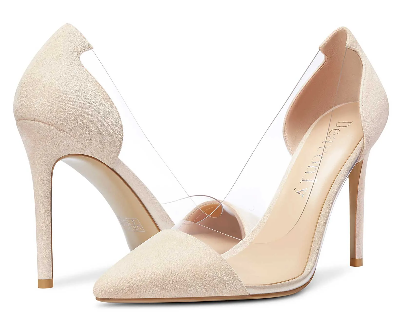 DearOnly Women's High Heels Transparent Clear Pumps Slip On Sexy Pointed Toe Stilettos 4" Inch Suede Heel