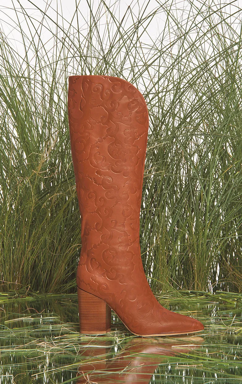 Debossed Cora Knee High Boots in Cognac Leather