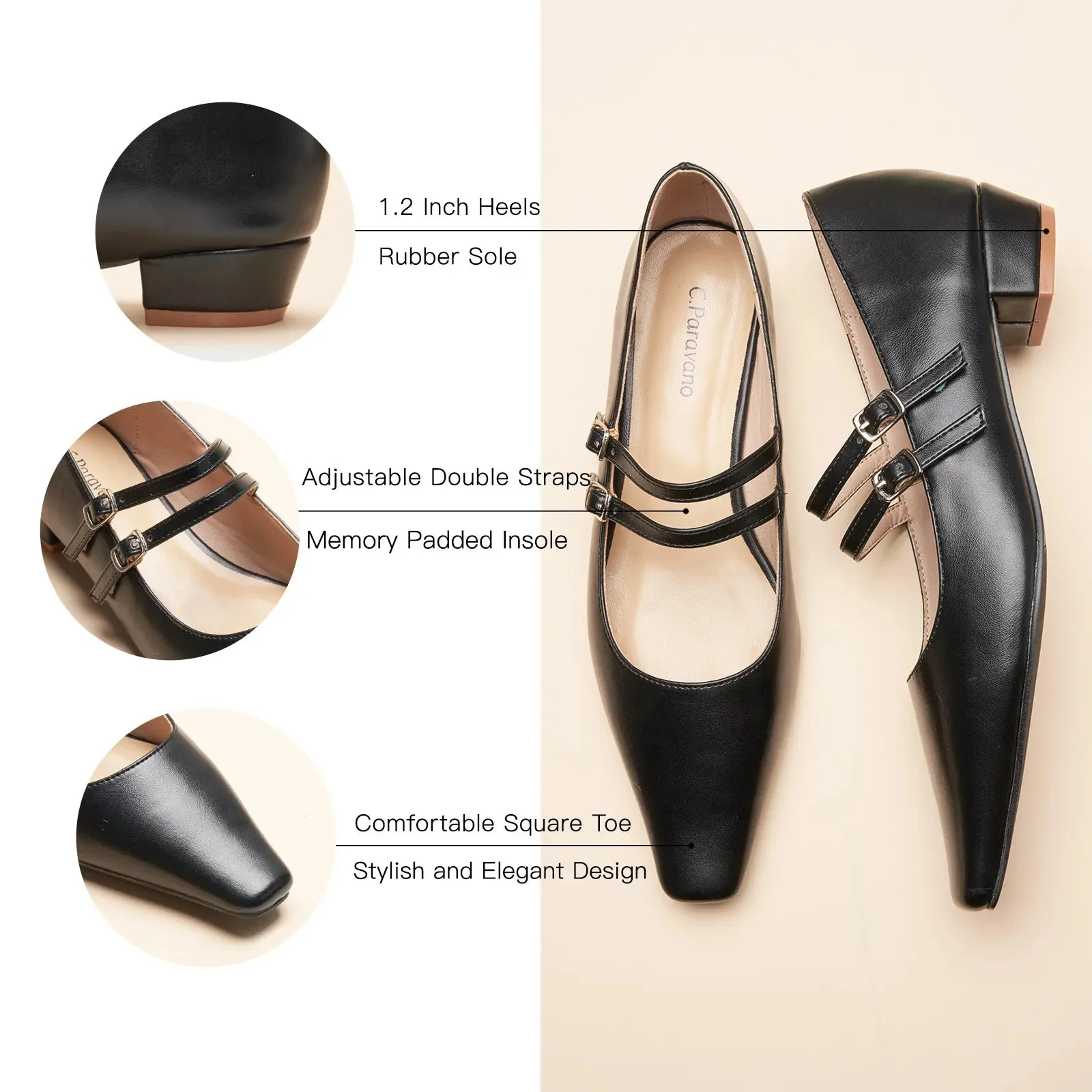 Double-Strap Block Heel (Alva) Black