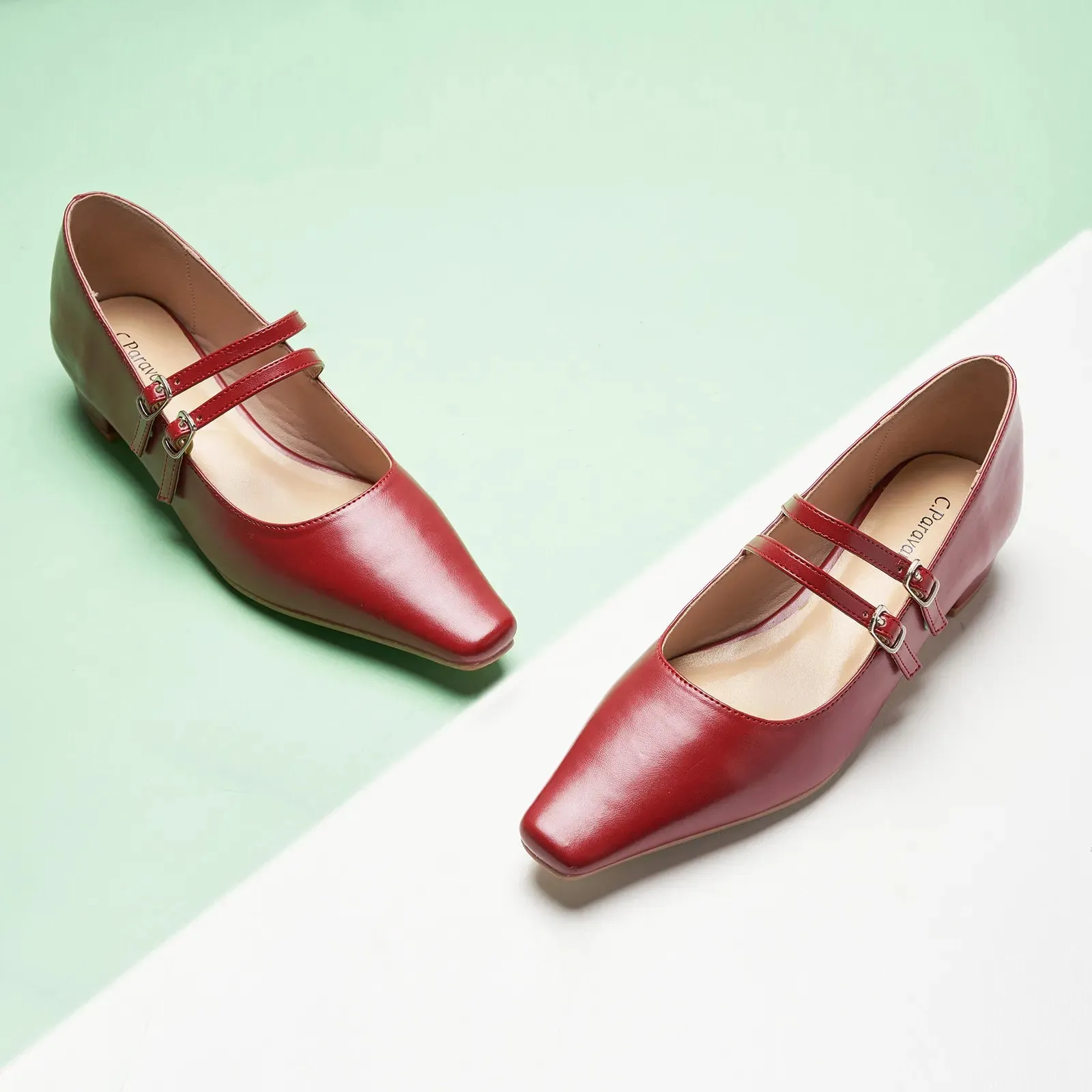 Double-Strap Block Heel (Alva) Red