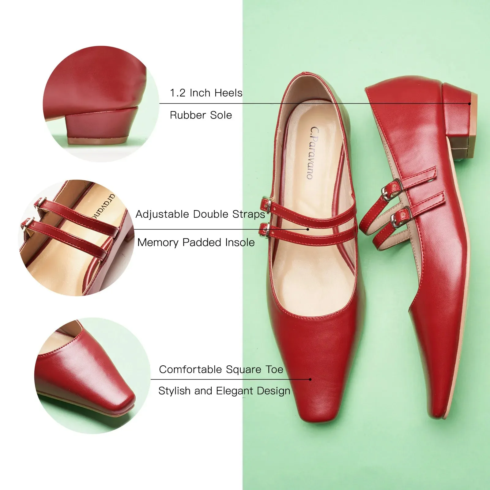 Double-Strap Block Heel (Alva) Red