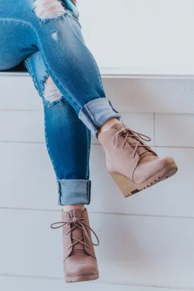 Forever Yours Lace Up Booties Wedge in Taupe
