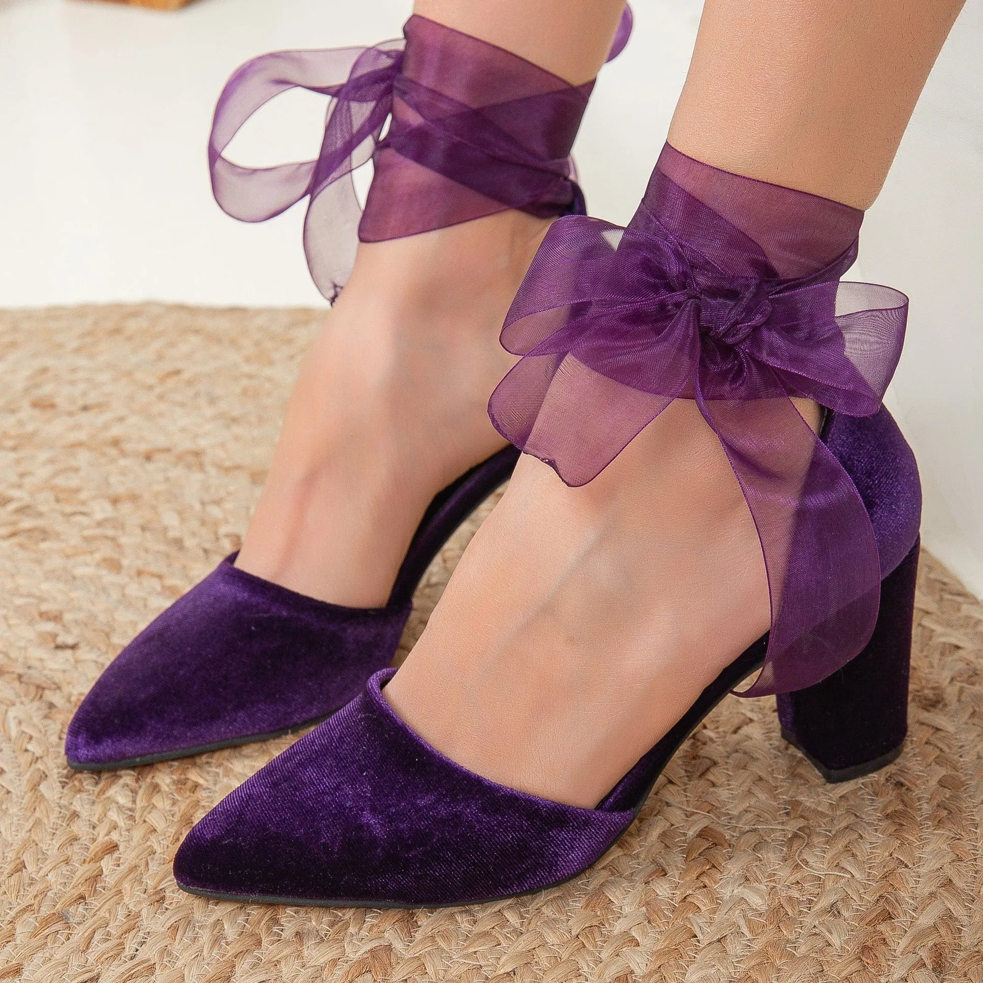 Gisele - Purple Velvet Shoes with Ribbon