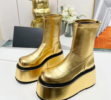 Gold Leather Flat Platform Wedge Boots Winter Women's Muffin Sole Short Boots