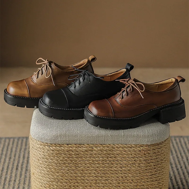 Handmade Genuine Leather 40mm Platform Cap Toe Oxford Shoes in Brown/Black/Coffee