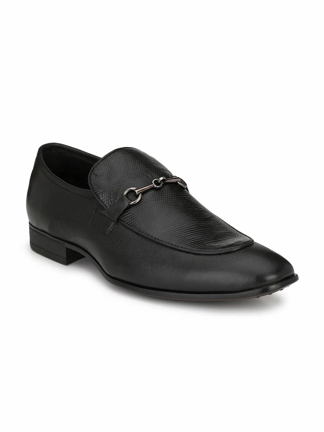 Hitz Men's Black Leather Slip-On Semi-Formal Shoes