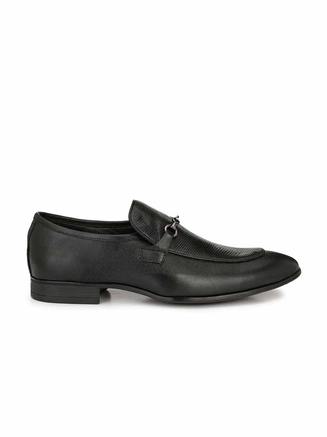 Hitz Men's Black Leather Slip-On Semi-Formal Shoes
