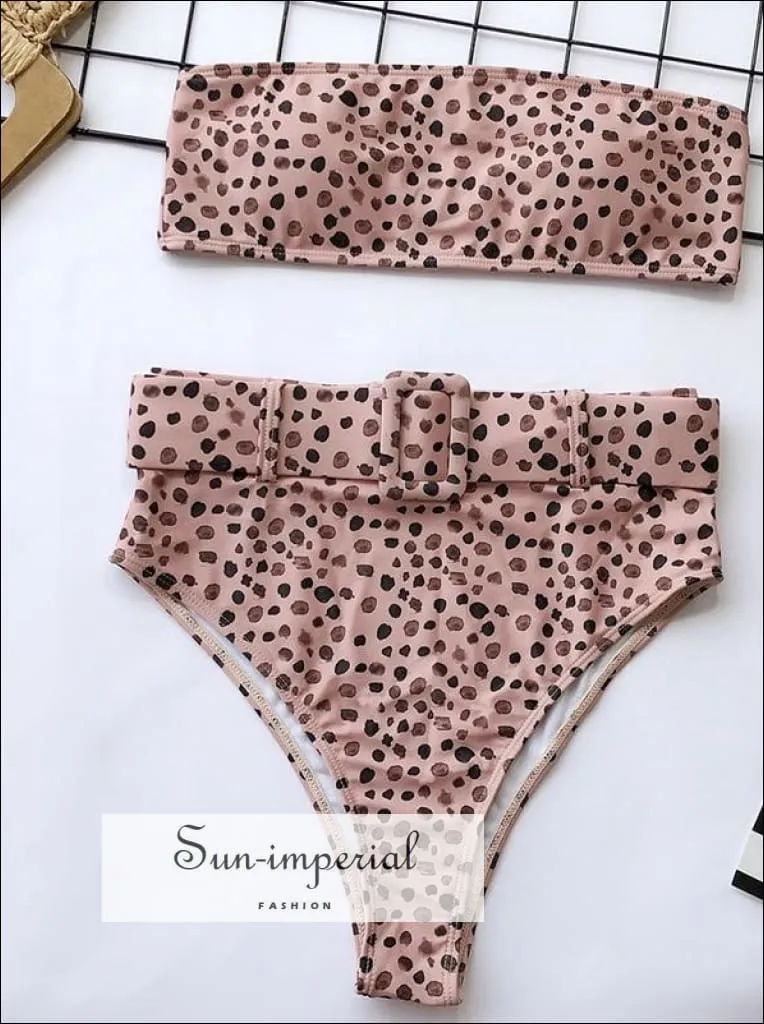 Hot Pink 2 Piece Bikini Tube Bandeau Strapless top and High Waist Belted bottom