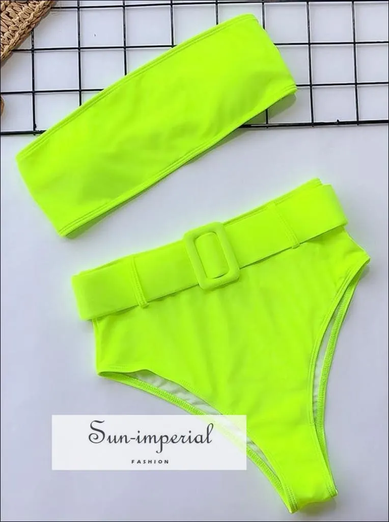 Hot Pink 2 Piece Bikini Tube Bandeau Strapless top and High Waist Belted bottom